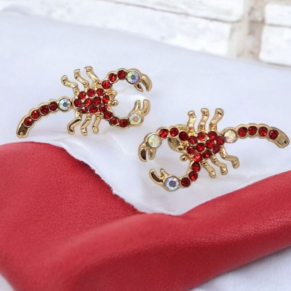 Red Gold Rhinestone Scorpion Stud Earrings Scorpio Zodiac Goth Viking Statement